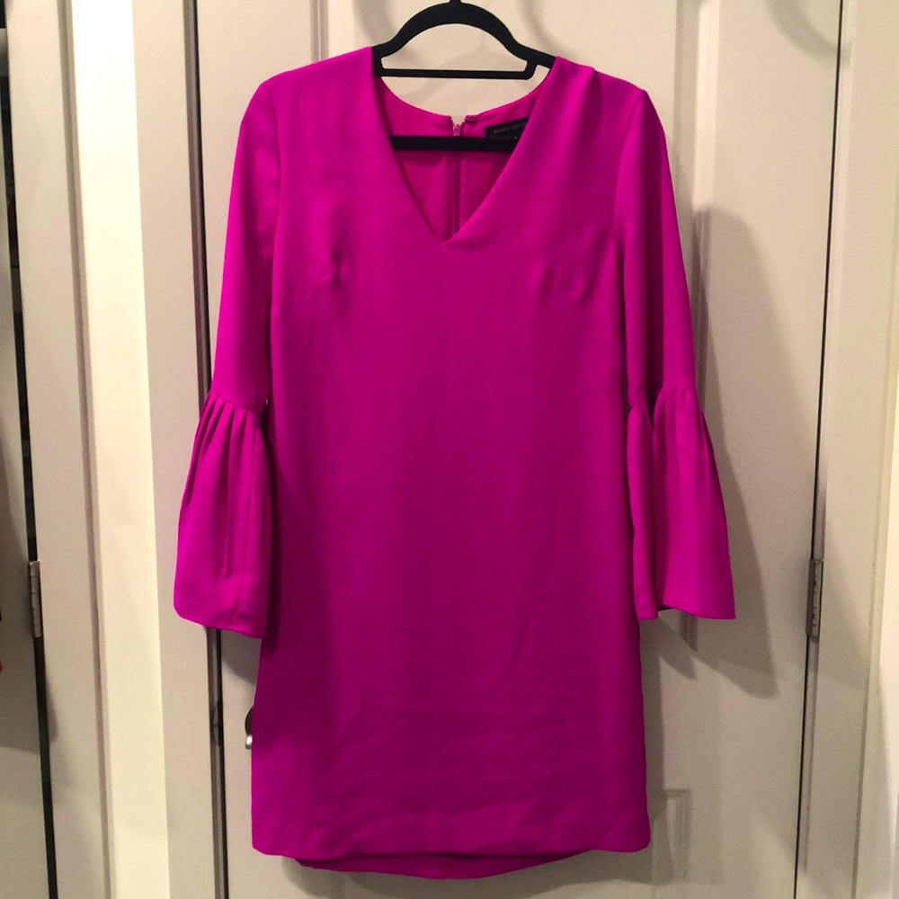 Fuchsia v-neck long bell sleeve wed guest dress